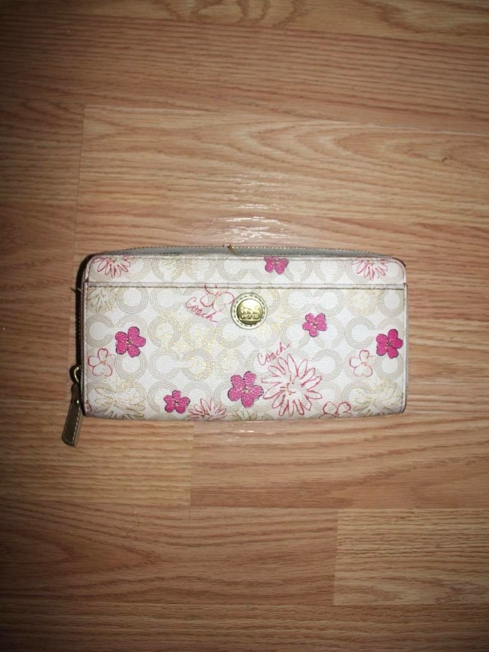 Coach Pink Floral Zip-Around Wallet on White Signature Canvas